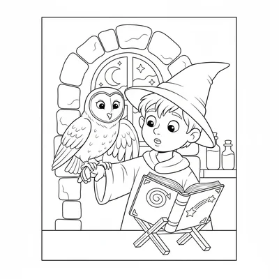 A young wizard's first lesson with an owl perched on his arm, the owl coloring page