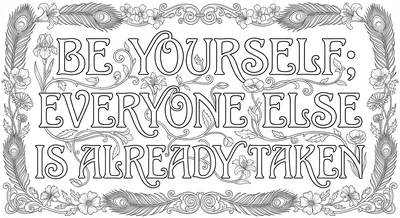 Render the exact text 'BE YOURSELF; EVERYONE ELSE IS ALREADY TAKEN' in Art Nouv… coloring page