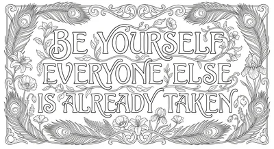 Render the exact text 'BE YOURSELF EVERYONE ELSE IS ALREADY TAKEN' in Art Nouve… coloring page