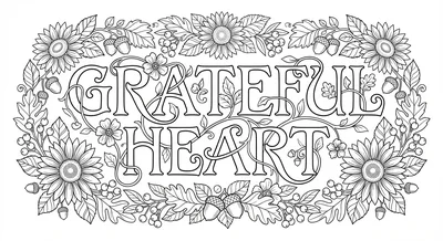 Render the exact text 'GRATEFUL HEART' in Art Nouveau Calligraphy style. Organi… coloring page