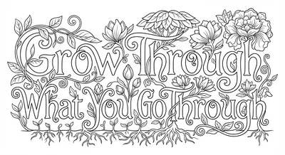 Render the exact text 'GROW THROUGH WHAT YOU GO THROUGH' in Art Nouveau Calligr… coloring page