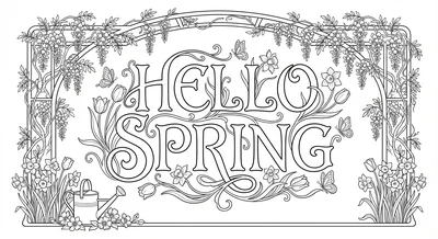 Render the exact text 'HELLO SPRING' in Art Nouveau Calligraphy style. Organic… coloring page