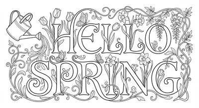 Render the exact text 'HELLO SPRING' in Art Nouveau Calligraphy style. Organic… coloring page