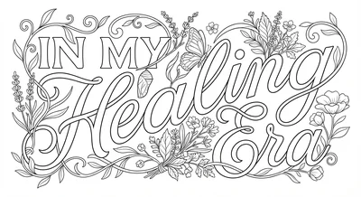 Render the exact text 'IN MY HEALING ERA' in Art Nouveau Ca… coloring page
