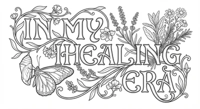 Render the exact text 'IN MY HEALING ERA' in Art Nouveau Calligraphy style. Org… coloring page