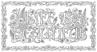 Render the exact text 'LIFE IS BEAUTIFUL' in Art Nouveau Calligraphy style. Org… coloring page
