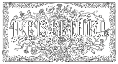 Render the exact text 'LIFE IS BEAUTIFUL' in Art Nouveau Ca… coloring page