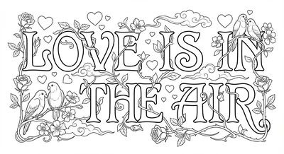 Render the exact text 'LOVE IS IN THE AIR' in Art Nouveau C… coloring page