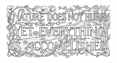 Render the exact text 'NATURE DOES NOT HURRY YET EVERYTHING IS ACCOMPLISHED' in… coloring page