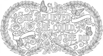 Render the exact text 'SHE BELIEVED SHE COULD, SO SHE DID' in Art Nouveau Calli… coloring page