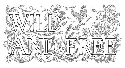 Render the exact text 'WILD AND FREE' in Art Nouveau Calligraphy style. Organic… coloring page