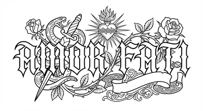 Render the exact text 'AMOR FATI' in Old English Blacklette… coloring page