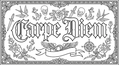 Render the exact text 'CARPE DIEM' in Old English Blacklett… coloring page
