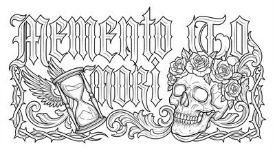 Render the exact text 'MEMENTO MORI' in Old English Blackle… coloring page