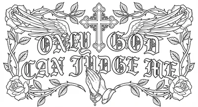 Render the exact text 'ONLY GOD CAN JUDGE ME' in Old Englis… coloring page
