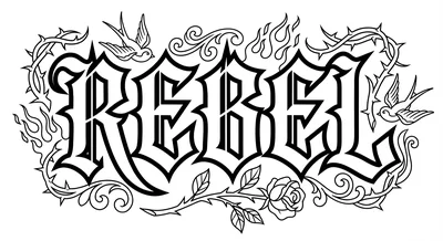 Render the exact text 'REBEL' in Old English Blackletter st… coloring page