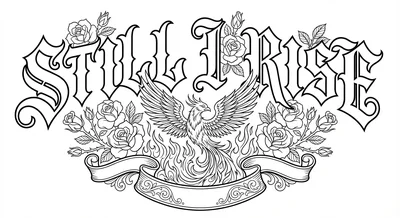 Render the exact text 'STILL I RISE' in Old English Blackle… coloring page