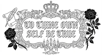Render the exact text 'TO THINE OWN SELF BE TRUE' in Old En… coloring page
