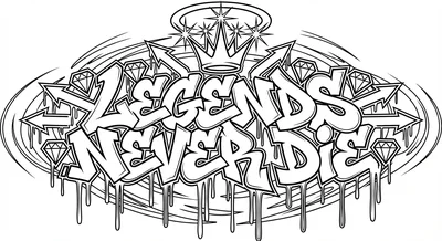 Render the exact text 'LEGENDS NEVER DIE' in Graffiti Tag style. STRICTLY NO BR… coloring page