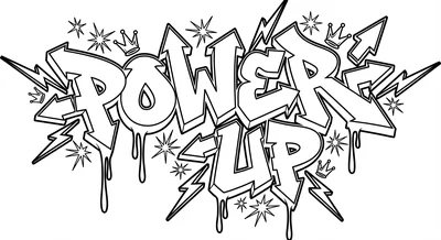 Render the exact text 'POWER UP' in Graffiti Tag style. STR… coloring page