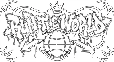 Render the exact text 'RUN THE WORLD' in Graffiti Tag style… coloring page