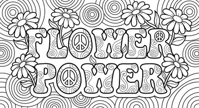 Render the exact text 'FLOWER POWER' in 1970s Groovy Retro… coloring page
