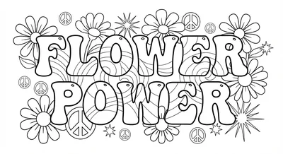 Render the exact text 'FLOWER POWER' in 1970s Groovy Retro… coloring page