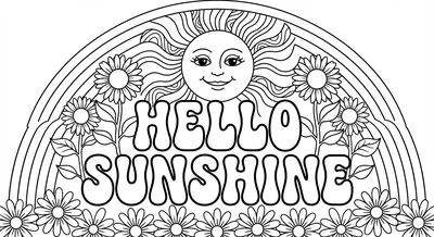 Render the exact text 'HELLO SUNSHINE' in 1970s Groovy Retr… coloring page