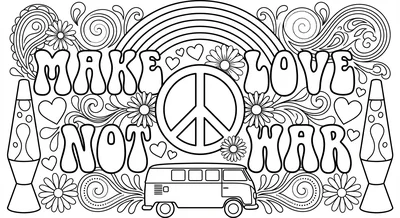 Render the exact text 'MAKE LOVE NOT WAR' in 1970s Groovy R… coloring page