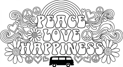 Render the exact text 'PEACE LOVE HAPPINESS' in 1970s Groov… coloring page