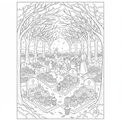 A All Saints Day cemetery scene with rows of neat gravestones, each surrounded coloring page