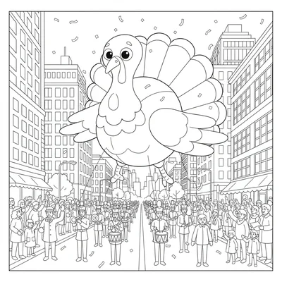 A American Thanksgiving morning scene with a parade float balloon in the shape coloring page