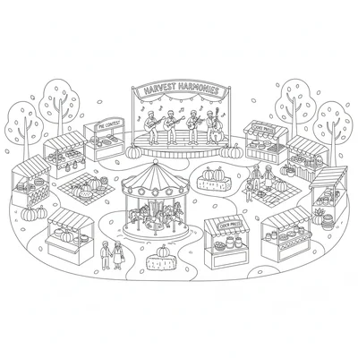 A autumn country fair scene with a wooden stage with a folk band performing coloring page