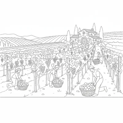 A autumn grape harvest vineyard scene with rows of heavy grapevines on wooden coloring page