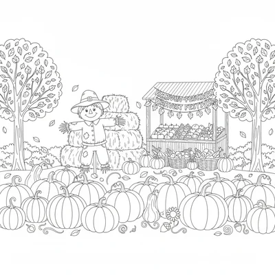 An autumn harvest festival scene with a pumpkin patch in the foreground coloring page