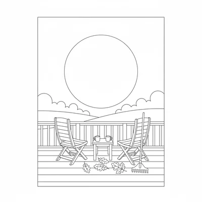 A simple autumn harvest moon viewing scene with a wooden deck and two simple coloring page
