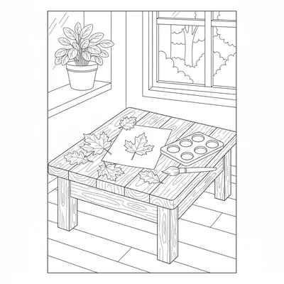 An autumn leaves art activity scene with a low wooden table, a sheet of paper coloring page