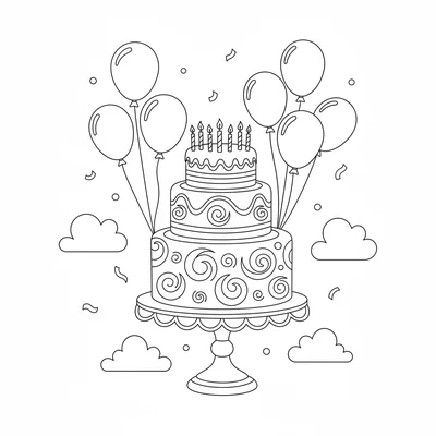 A birthday cake on a stand with three layers, frosting swirls on the outside coloring page