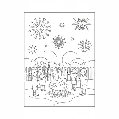 A Bonfire Night outdoor scene with children with sparklers leaving light trails coloring page
