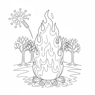 A Bonfire Night scene with a big cone-shaped bonfire burning, simple radiating coloring page