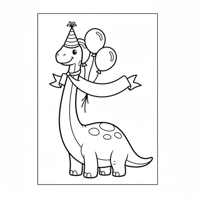 A Brachiosaurus wearing a tall striped party hat, its long neck rising above a… coloring page