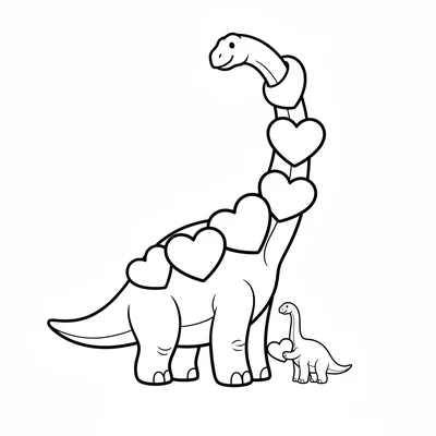 A Brachiosaurus with its long neck wrapped in a garland of large heart shapes,… coloring page