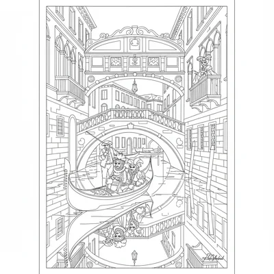 A Carnival of Venice scene on a waterway with a gondola coloring page