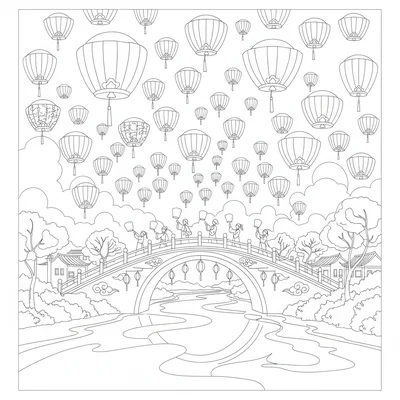 A Chinese Lantern Festival night scene with a sky full of sky lanterns floating coloring page