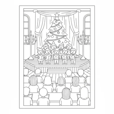 A Christmas carol concert scene inside a village hall with a small choir coloring page