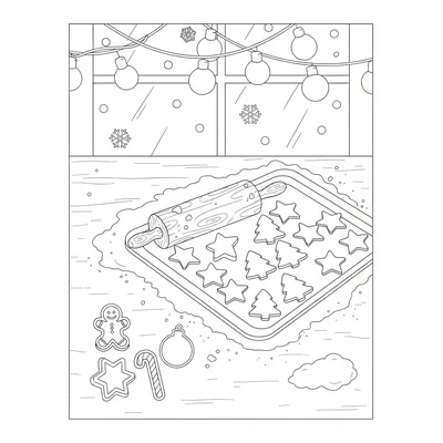 A Christmas cookie baking scene with a rolling pin on a flour-dusted counter coloring page