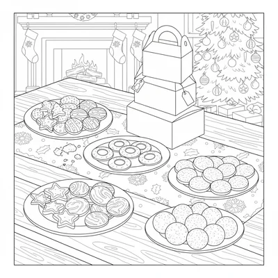 A Christmas cookie exchange table with a long table covered in plates coloring page