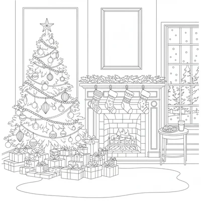 A Christmas Eve interior scene with a fireplace mantle hung with stockings coloring page