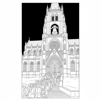 A Christmas Eve midnight mass cathedral exterior scene with a large Gothic coloring page