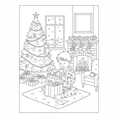 A simple Christmas morning living room scene with a Christmas tree visible coloring page